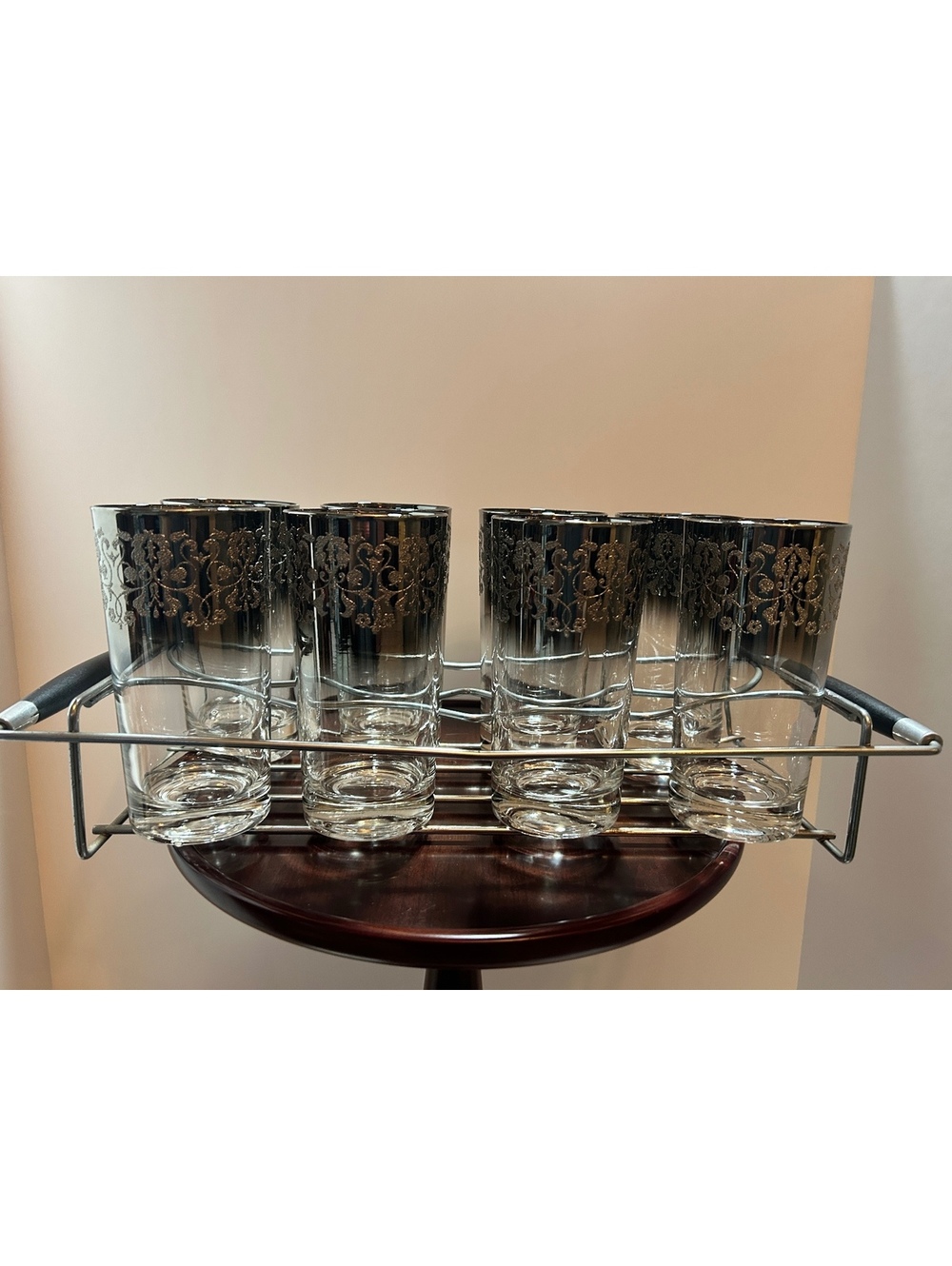 8 (eight) Vintage MCM Silver Fade Highballs with Raised Scroll Design in Caddy